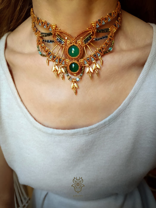 Green Agate bohemian macrame choker necklace with gold-plated adornments, Festival party choker