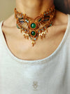 Green Agate bohemian macrame choker necklace with gold-plated adornments, Festival party choker