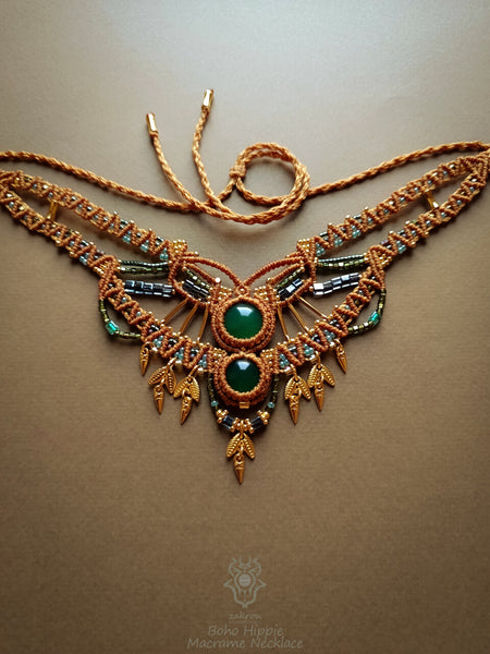 Green Agate bohemian macrame choker necklace with gold-plated adornments, Festival party choker