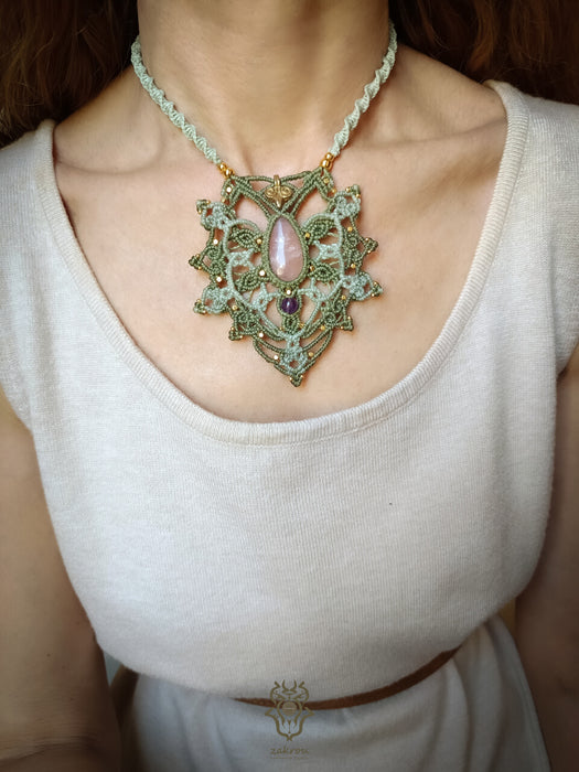 Mandala macrame necklace with Rose Quartz stone & Amethyst bead, Fairy macrame pendant