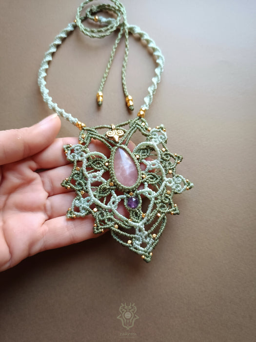 Mandala macrame necklace with Rose Quartz stone & Amethyst bead, Fairy macrame pendant