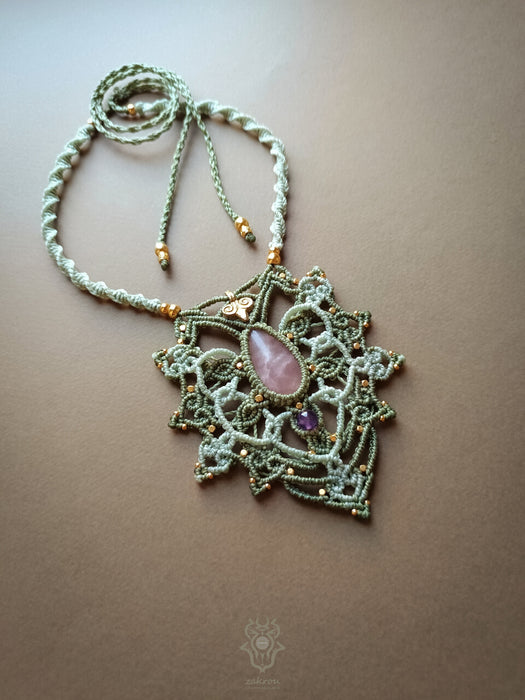 Mandala macrame necklace with Rose Quartz stone & Amethyst bead, Fairy macrame pendant
