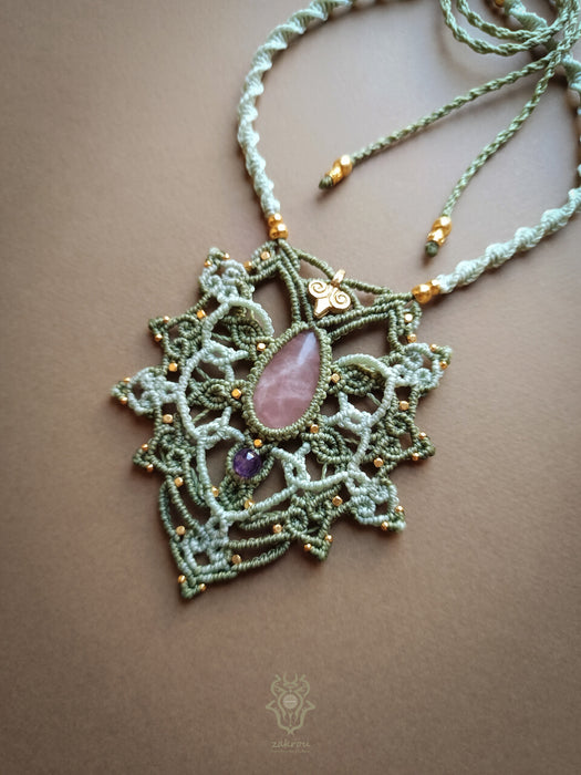 Mandala macrame necklace with Rose Quartz stone & Amethyst bead, Fairy macrame pendant