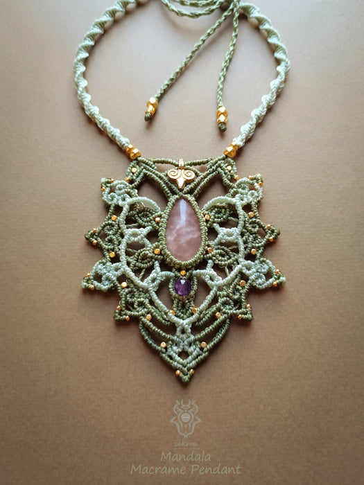Mandala macrame necklace with Rose Quartz stone & Amethyst bead, Fairy macrame pendant