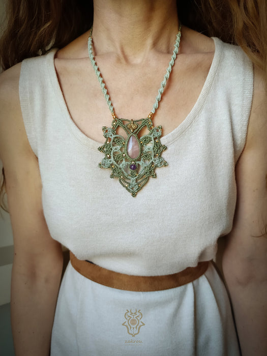 Mandala macrame necklace with Rose Quartz stone & Amethyst bead, Fairy macrame pendant