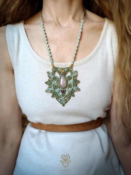 Mandala macrame necklace with Rose Quartz stone & Amethyst bead, Fairy macrame pendant