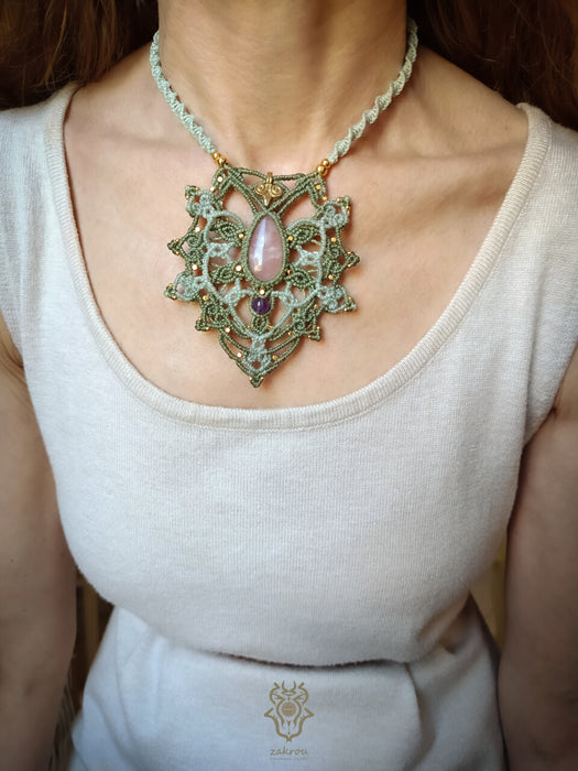 Mandala macrame necklace with Rose Quartz stone & Amethyst bead, Fairy macrame pendant