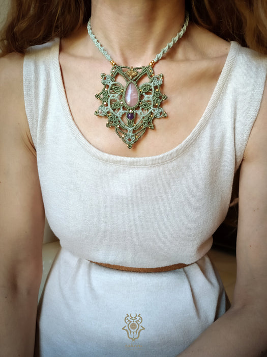 Mandala macrame necklace with Rose Quartz stone & Amethyst bead, Fairy macrame pendant