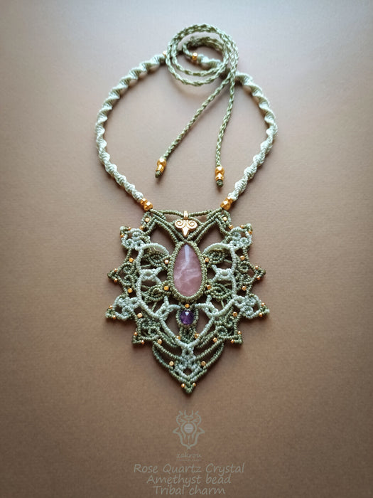 Mandala macrame necklace with Rose Quartz stone & Amethyst bead, Fairy macrame pendant